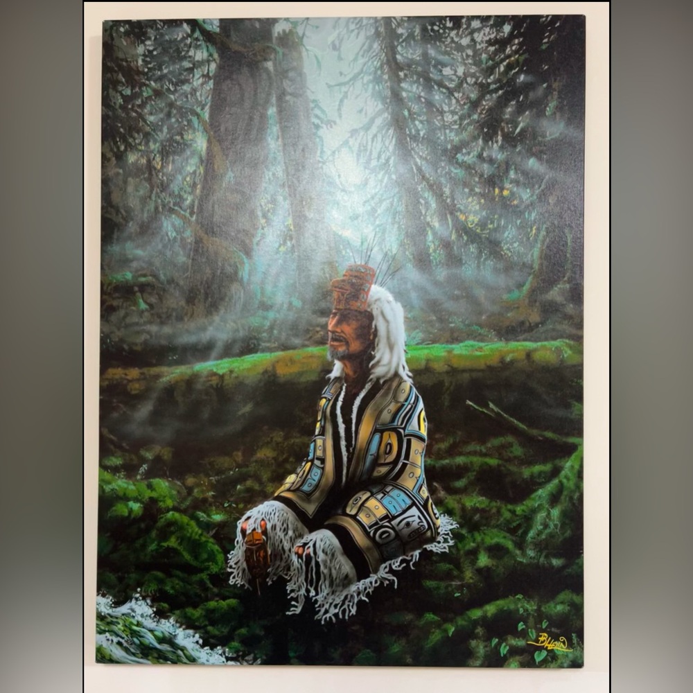 Bill Helin First Nations art printed on canvas. 30” across x 40” tall.